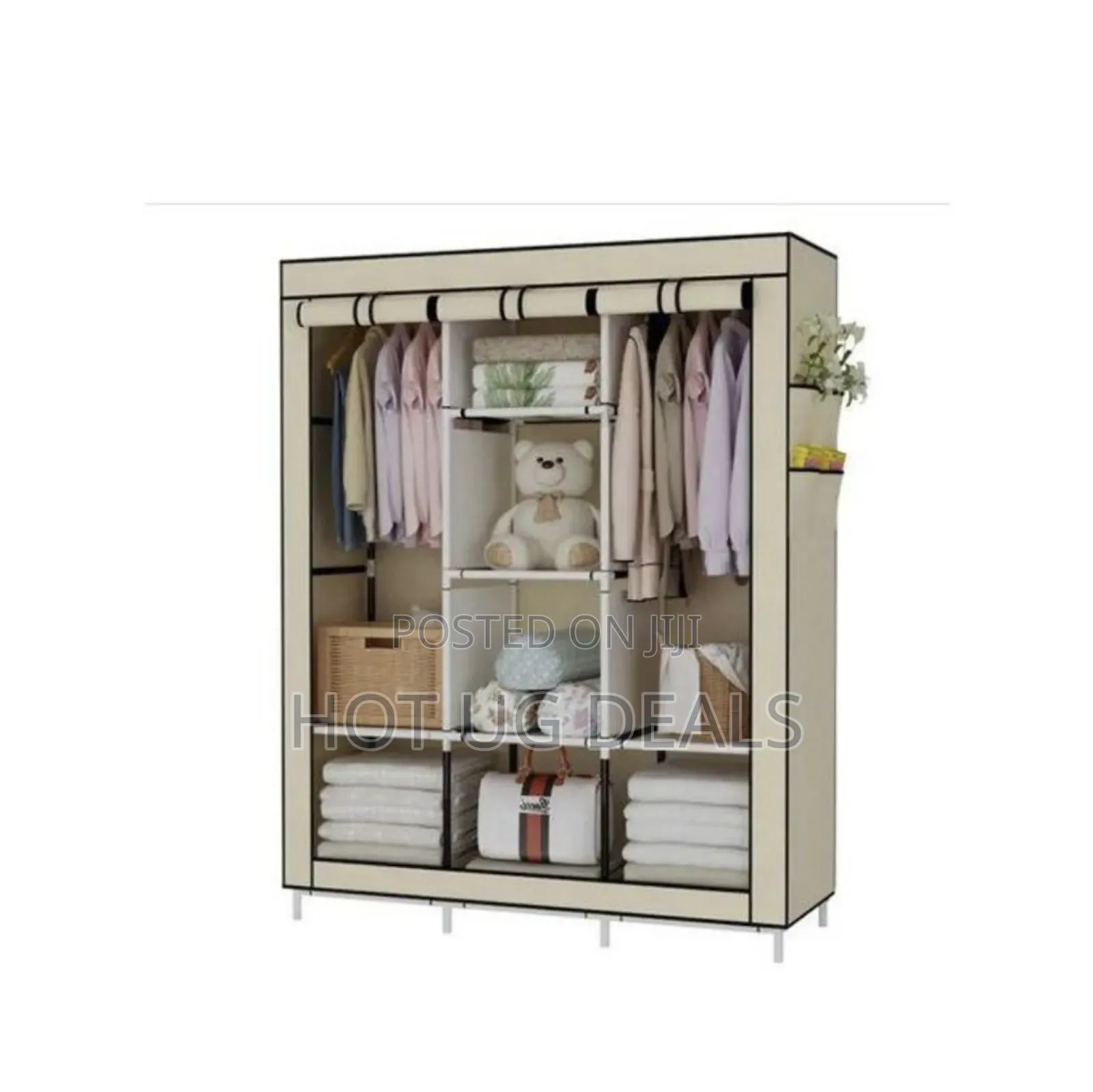 3 Column Cloth Steel Frame Storage Wardrobe - Gray