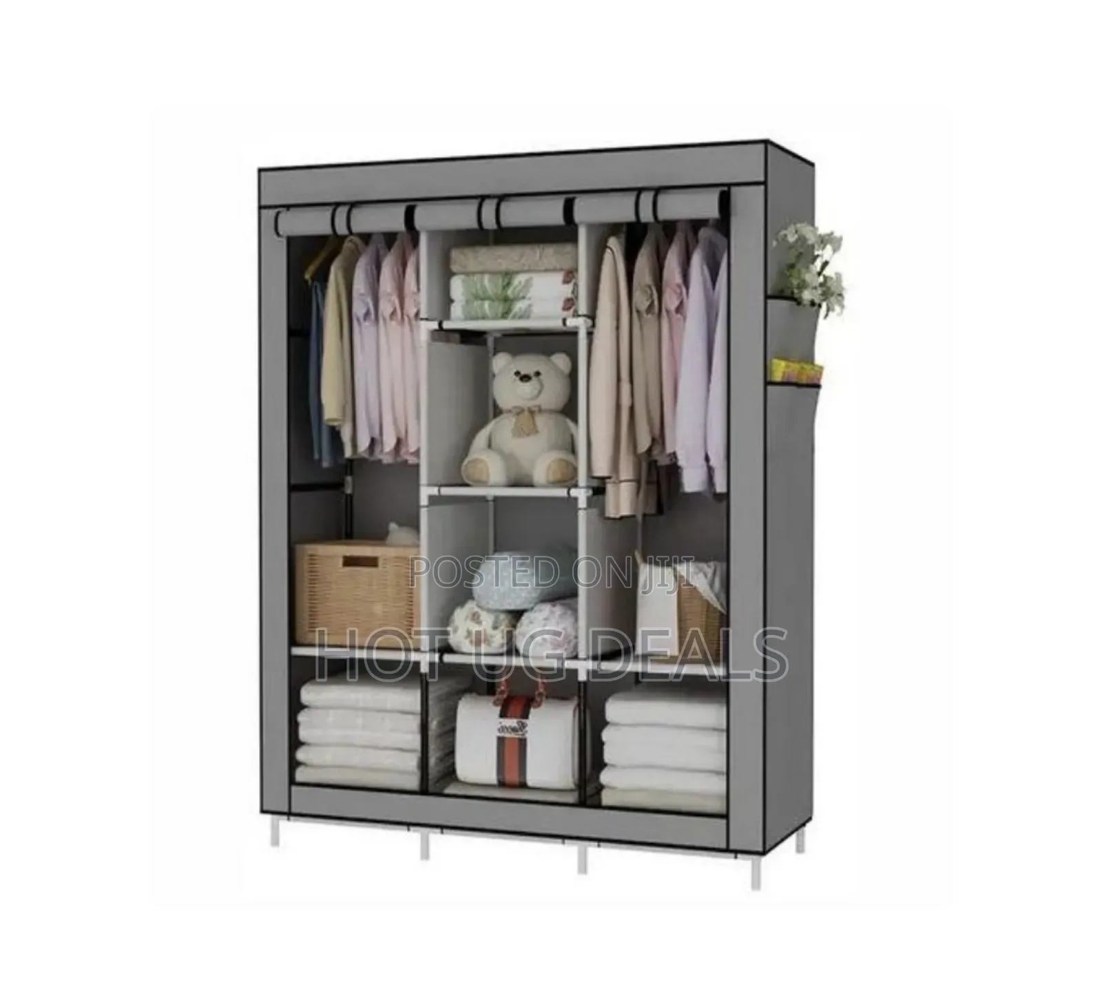 3 Column Cloth Steel Frame Storage Wardrobe - Gray