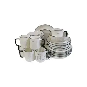 24pcs of Black Line Design Plates Bowls Cups Dinner Set - Cream