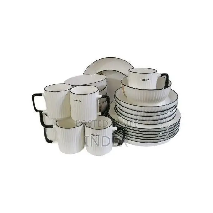 24pcs of Black Line Design Plates Bowls Cups Dinner Set - Cream