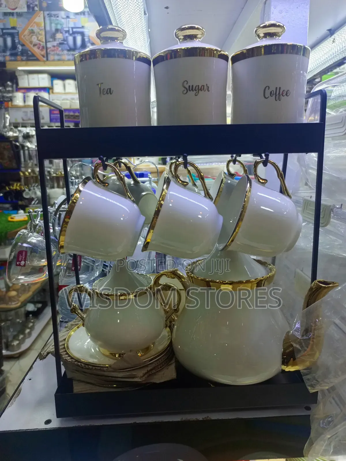 Ceramic Coffee and Tea Set With a Storage Rack.