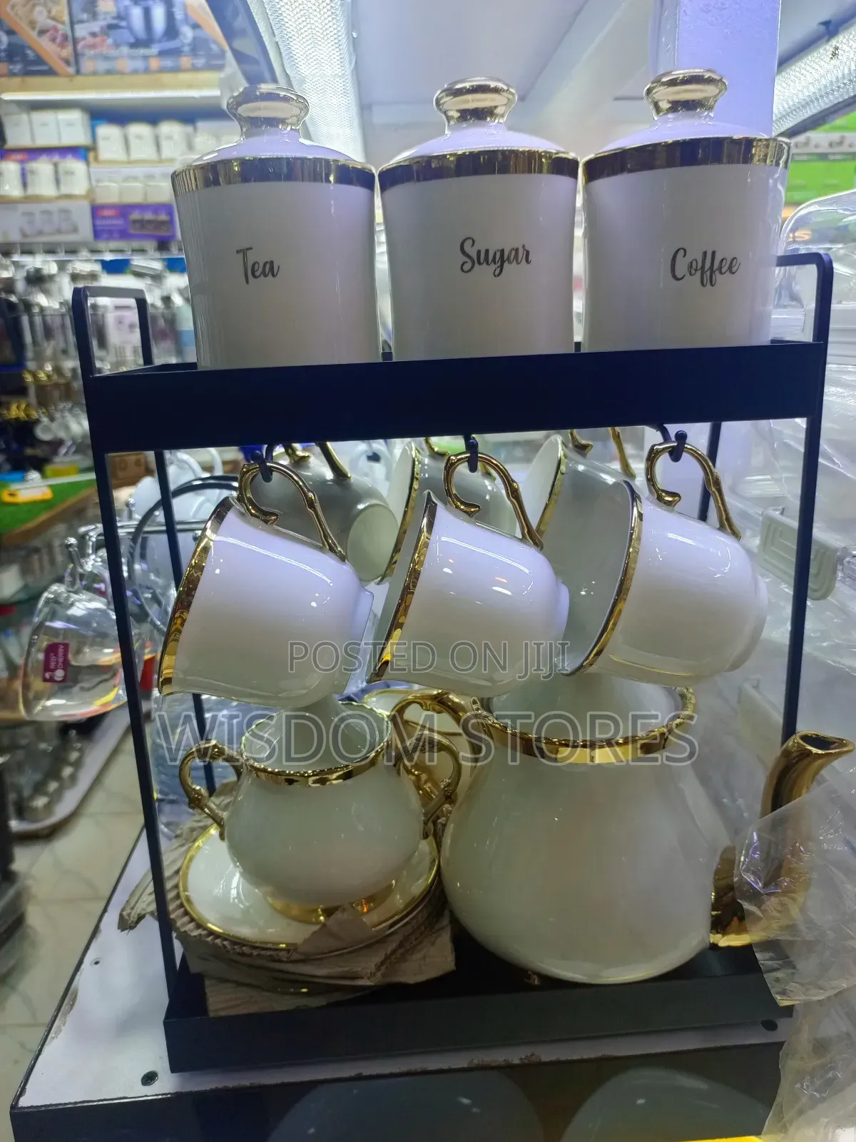 Ceramic Coffee and Tea Set With a Storage Rack.