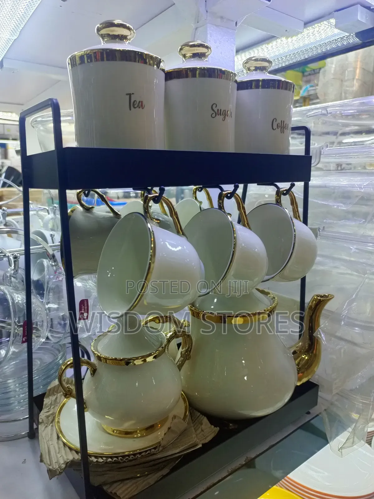 Ceramic Coffee and Tea Set With a Storage Rack.