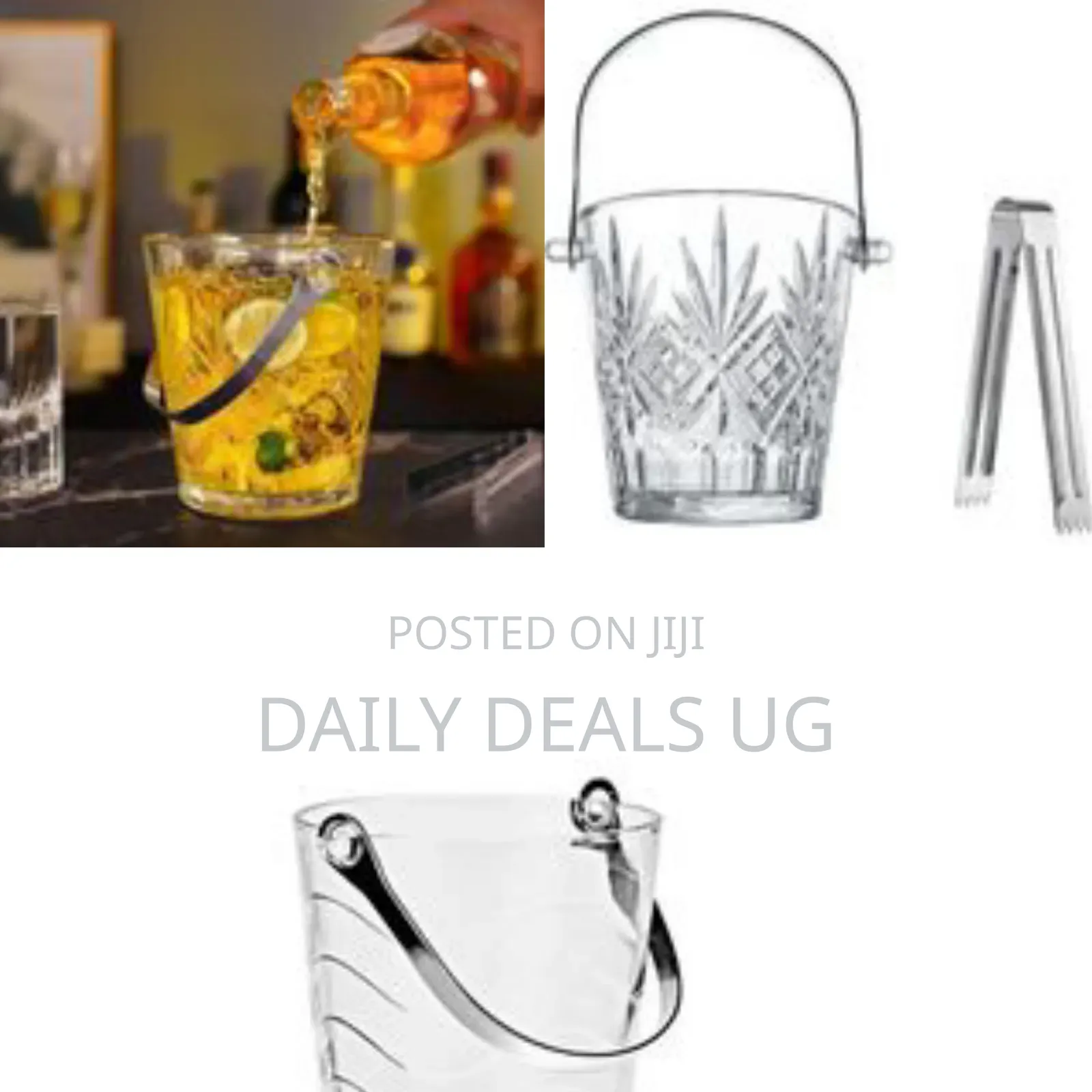 A Glass Ice Bucket With Tongs