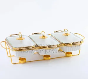 3-Piece Chafing Dish Set | Golden Ceramic Chafer With Marble