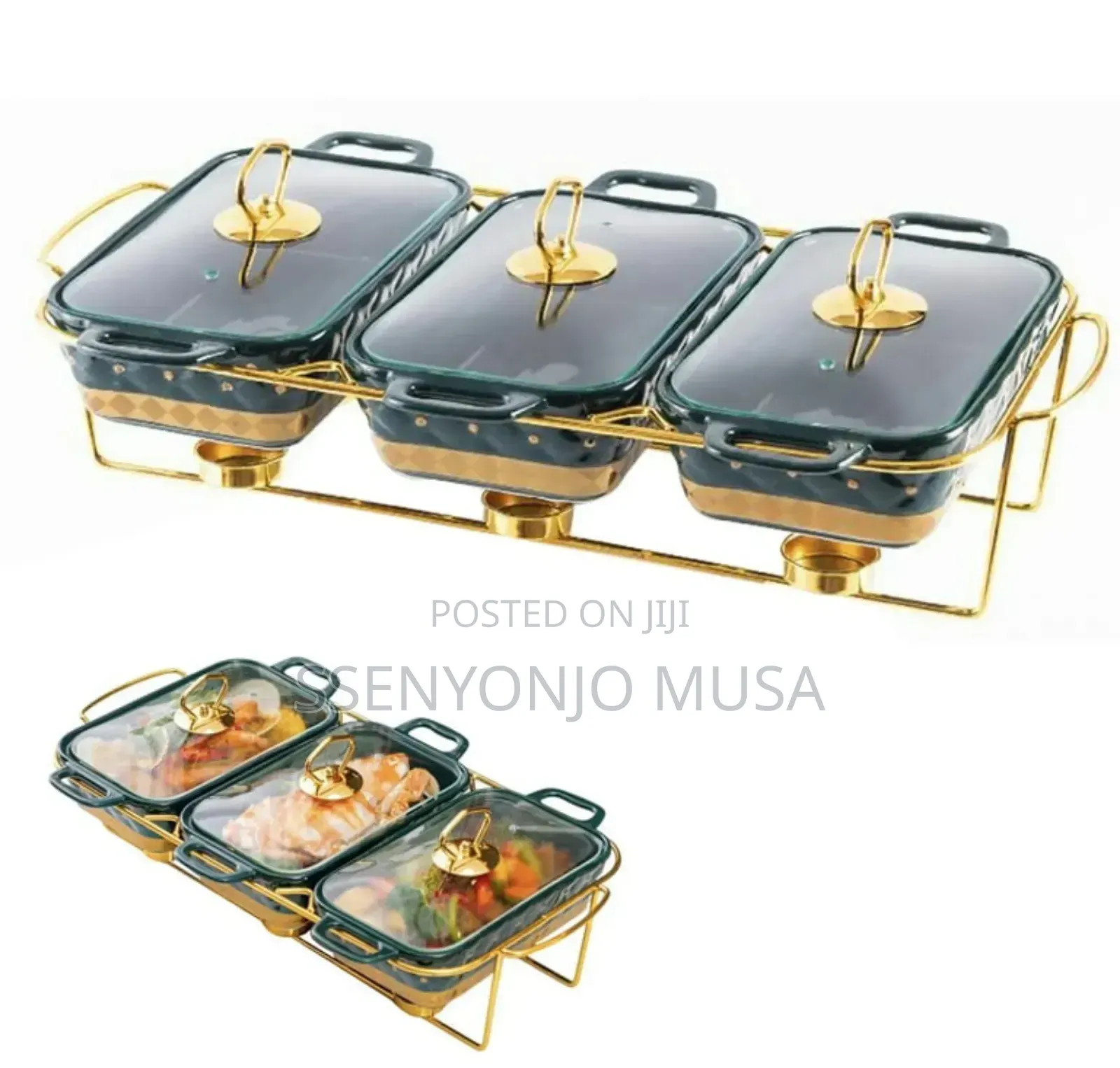 3-Piece Chafing Dish Set | Golden Ceramic Chafer With Marble