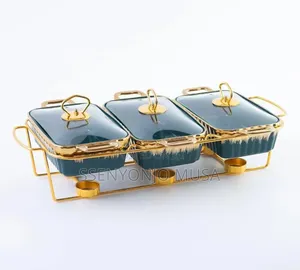 3-Piece Chafing Dish Set | Golden Ceramic Chafer With Marble