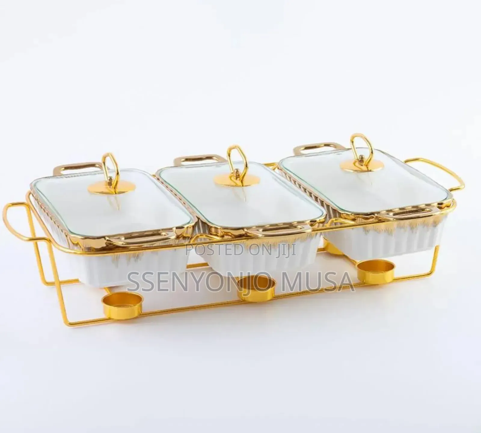 3-Piece Chafing Dish Set | Golden Ceramic Chafer With Marble