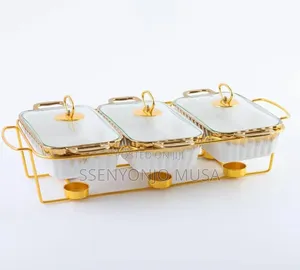3-Piece Chafing Dish Set | Golden Ceramic Chafer With Marble