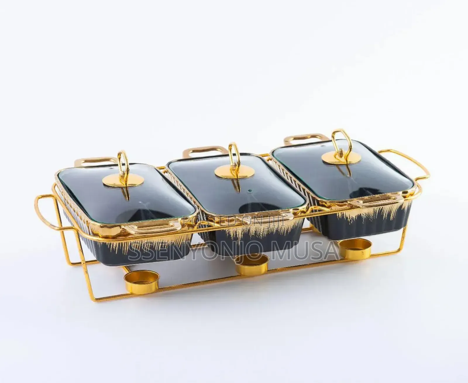 3-Piece Chafing Dish Set | Golden Ceramic Chafer With Marble