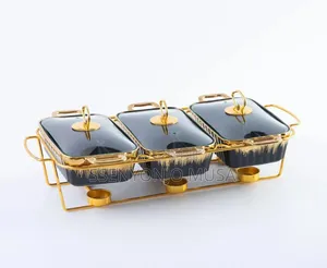 3-Piece Chafing Dish Set | Golden Ceramic Chafer With Marble
