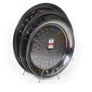 Set of Stainless Steel Round Serving Trays on a Wire Rack.