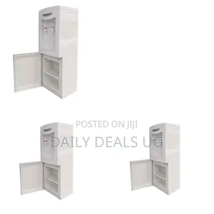 A Top-Loading Hot and Cold Water Dispenser With a Storage Cabinet