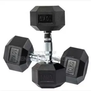 Pair of 10kg Rubber-Coated Hex Dumbbells.
