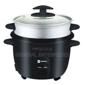 Black Electric Rice Cooker With A Steamer Attachment.
