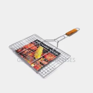Portable Barbecue (Bbq) Grill Net Basket With a Wooden Handle.