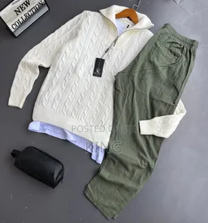 Men's Outfit Knit Quarter-Zip Sweater and Linen Pants