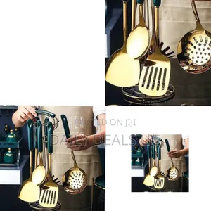 Gold Stainless Steel Kitchen Utensil Set With a Holder