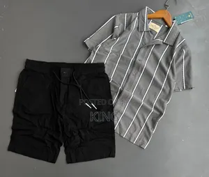 Men's Striped Short-Sleeve Shirt and Black Shorts Co-Ord Set.