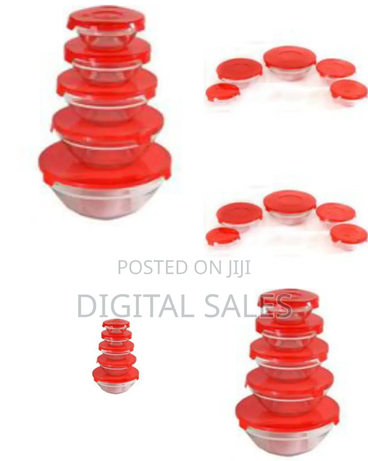 This Is a Set of 5 Glass Mixing Bowls With Matching Red Plastic Lids