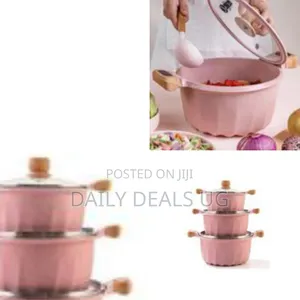 Set of 3 Non-Stick Marble Stock Pot With a Glass Lid and Wood-Grain H