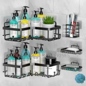 5-Piece Black Stainless Steel Adhesive Corner Shower Caddy Set.