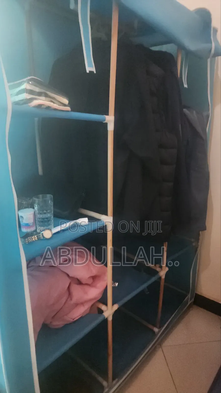 3 Column Cloths Wooden Frame Wardrobe- Blue