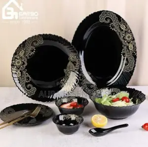 32-Piece Arabic Style Black Opal Glass Dinner Set With Decal