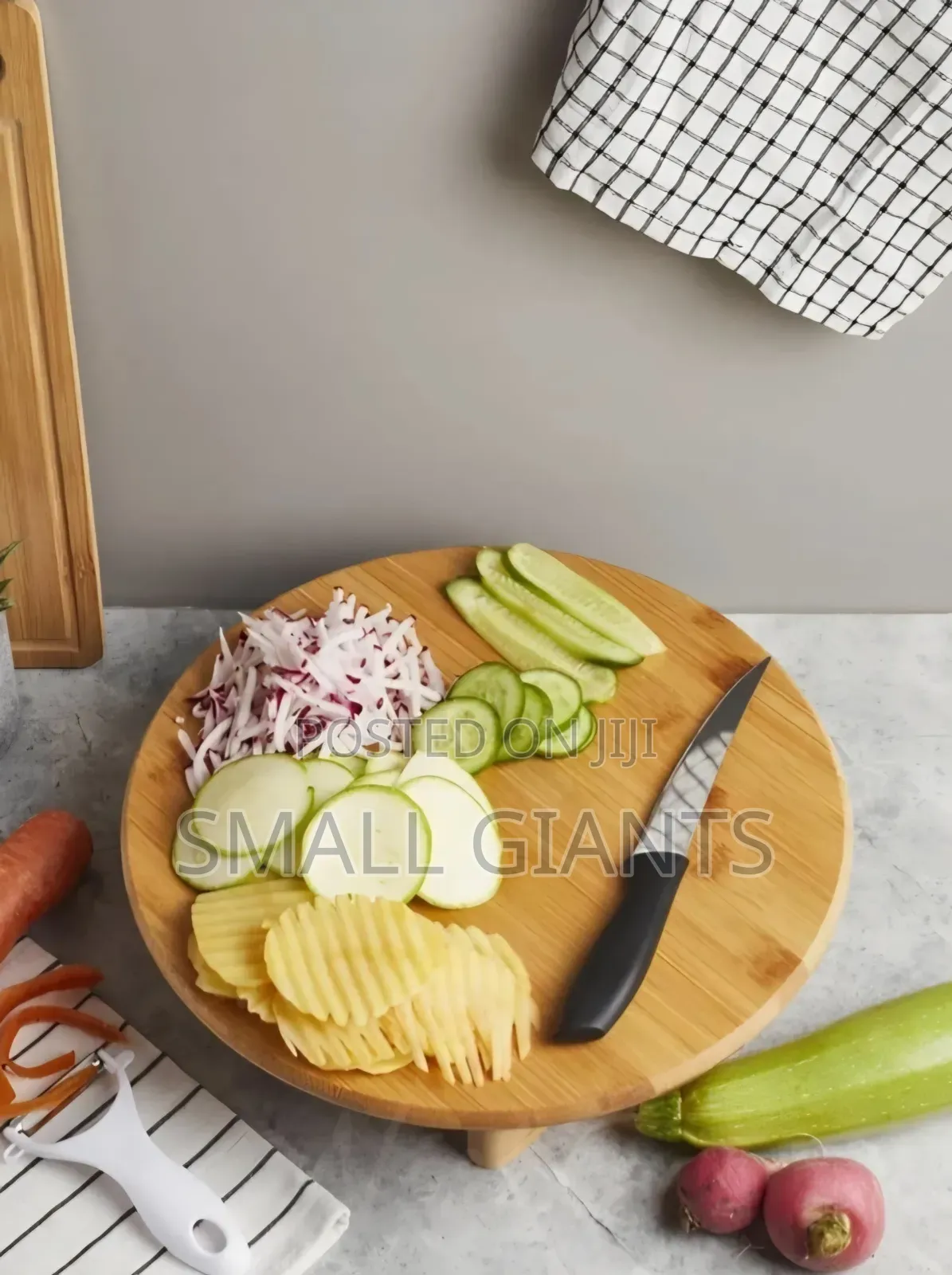Round, Elevated Bamboo Cutting and Serving Board.