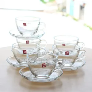 Elegant Clear Glass Tea ,Coffee Cups With Matching Saucers - 6-Pc Set