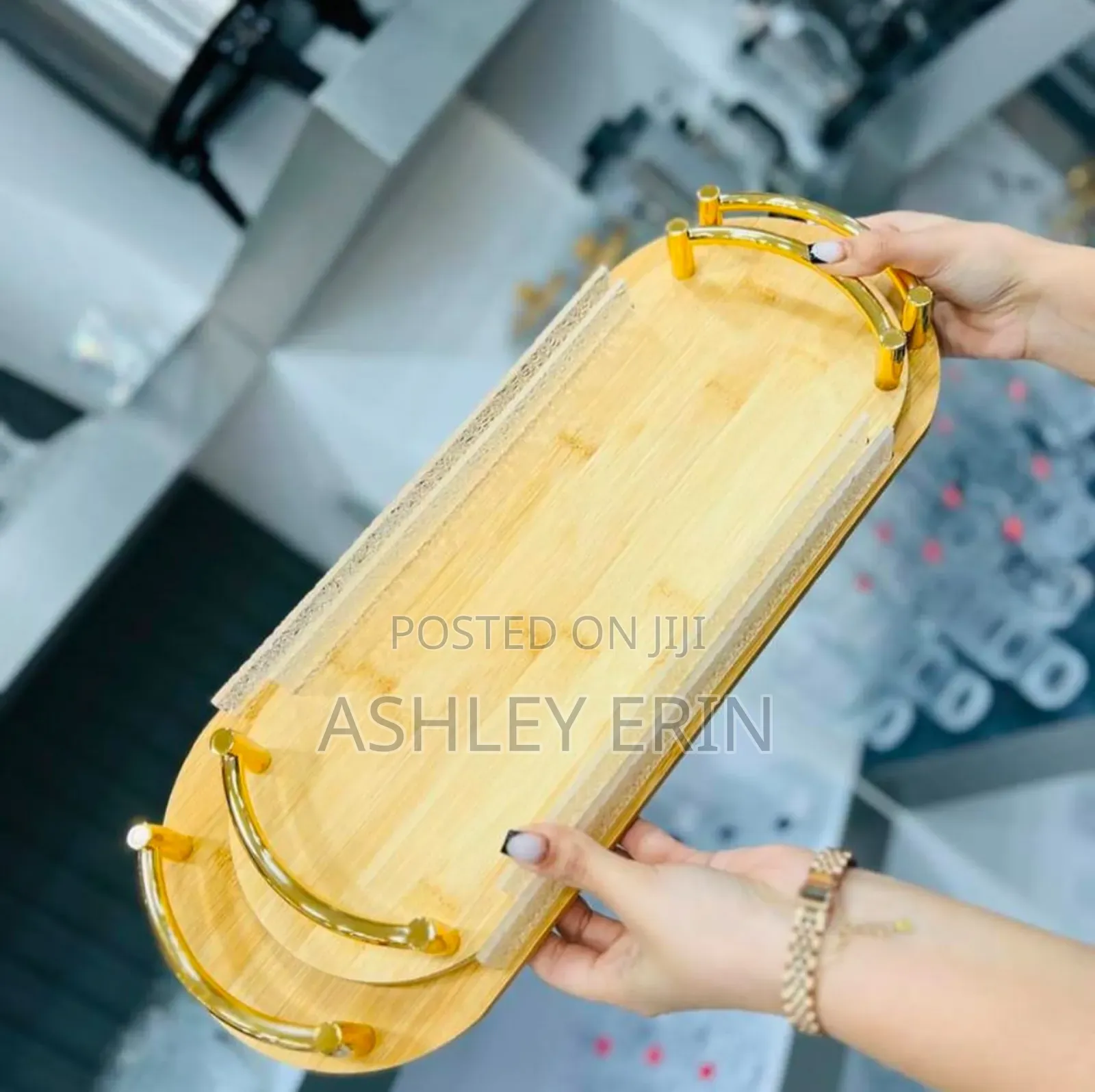 2pcs Mini Bamboo Serving Trays With Gold-Toned Metal Handles