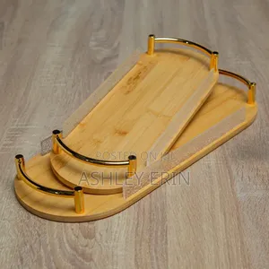 2pcs Mini Bamboo Serving Trays With Gold-Toned Metal Handles