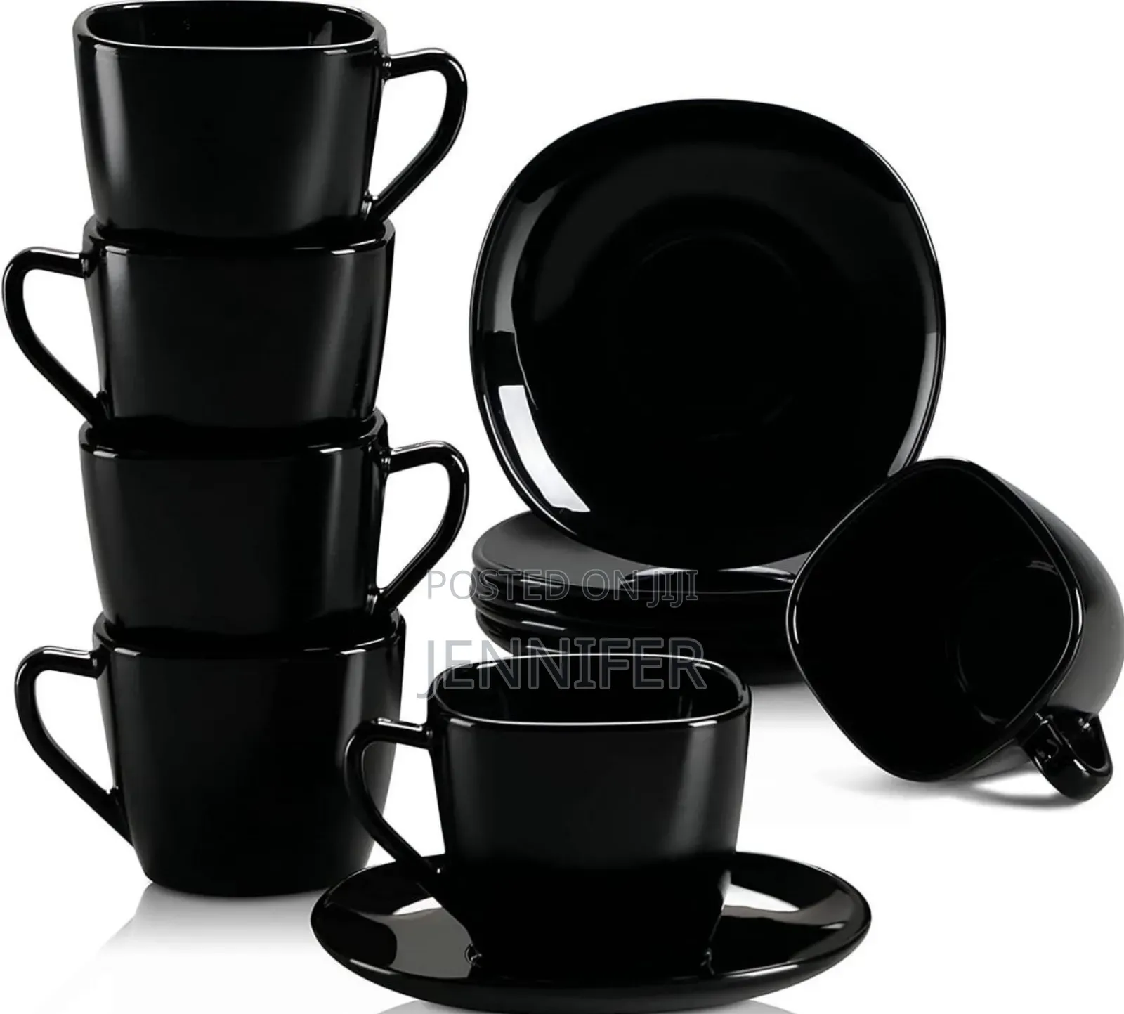 12- Piece Black Opal Glass Coffee Cup and Saucer Set.