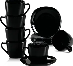 12- Piece Black Opal Glass Coffee Cup and Saucer Set.