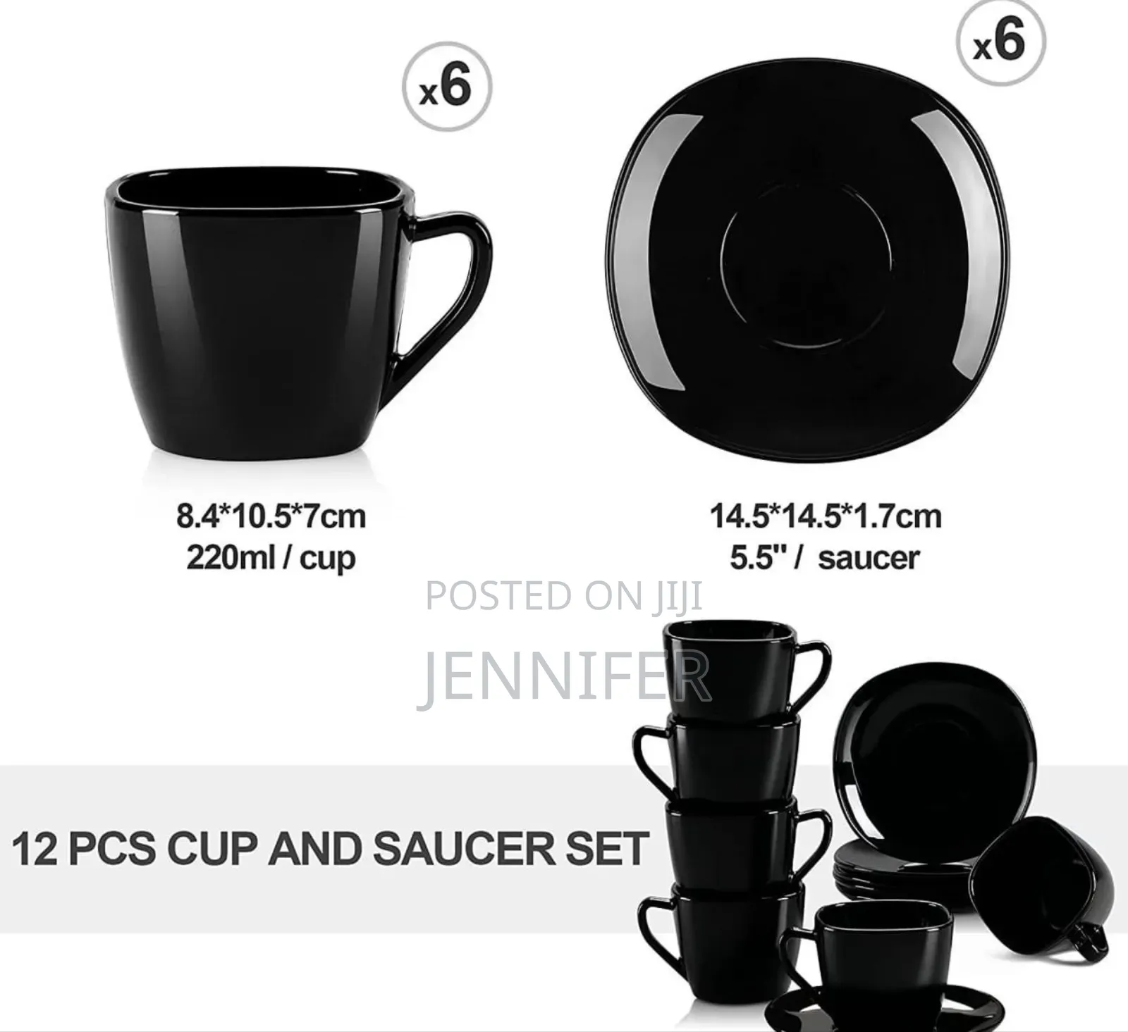 12- Piece Black Opal Glass Coffee Cup and Saucer Set.