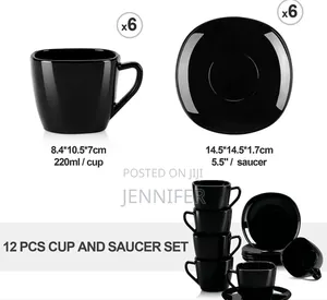 12- Piece Black Opal Glass Coffee Cup and Saucer Set.