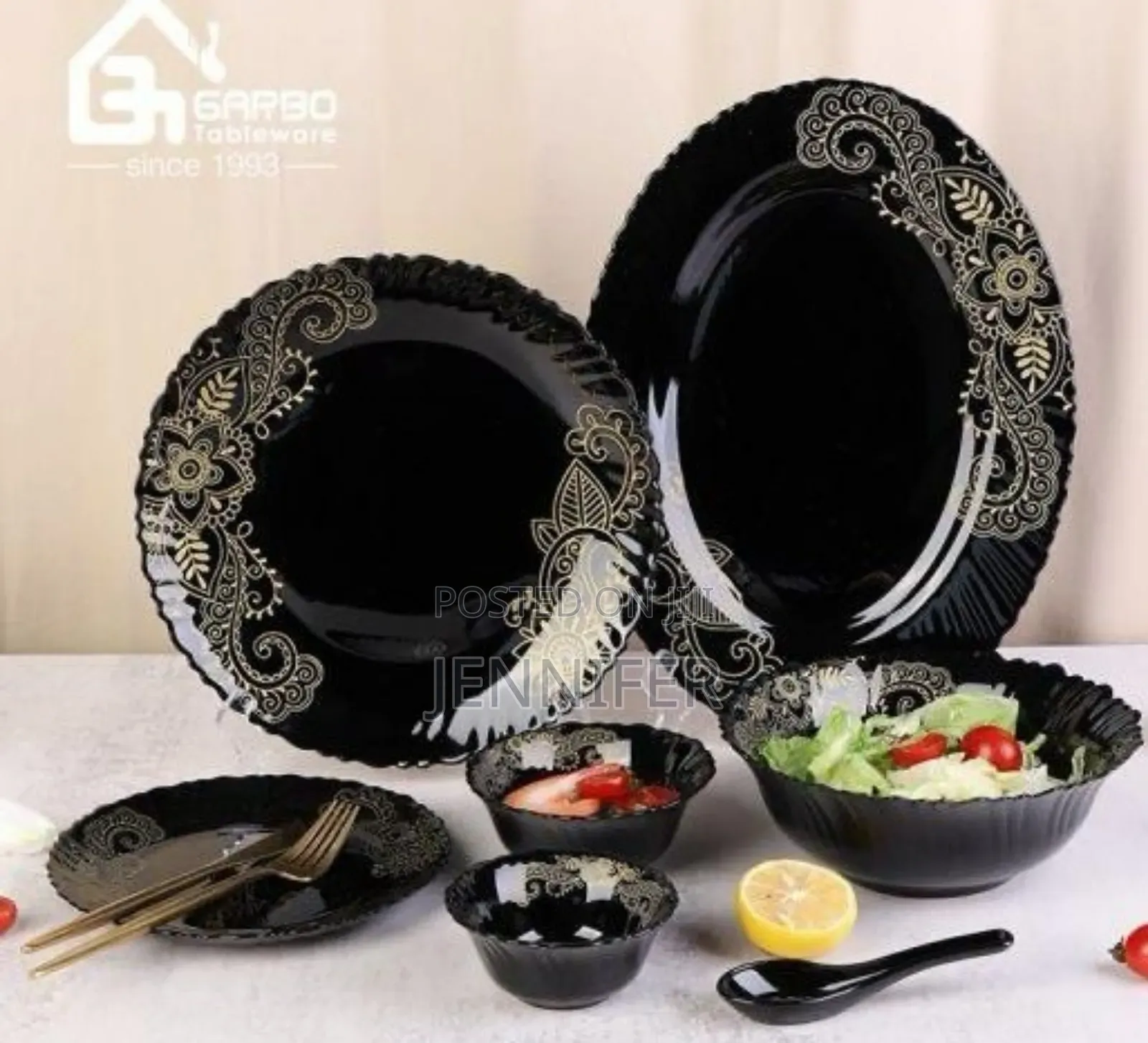 32-Piece Arabic Style Black Opal Glass Dinner Set With Decal
