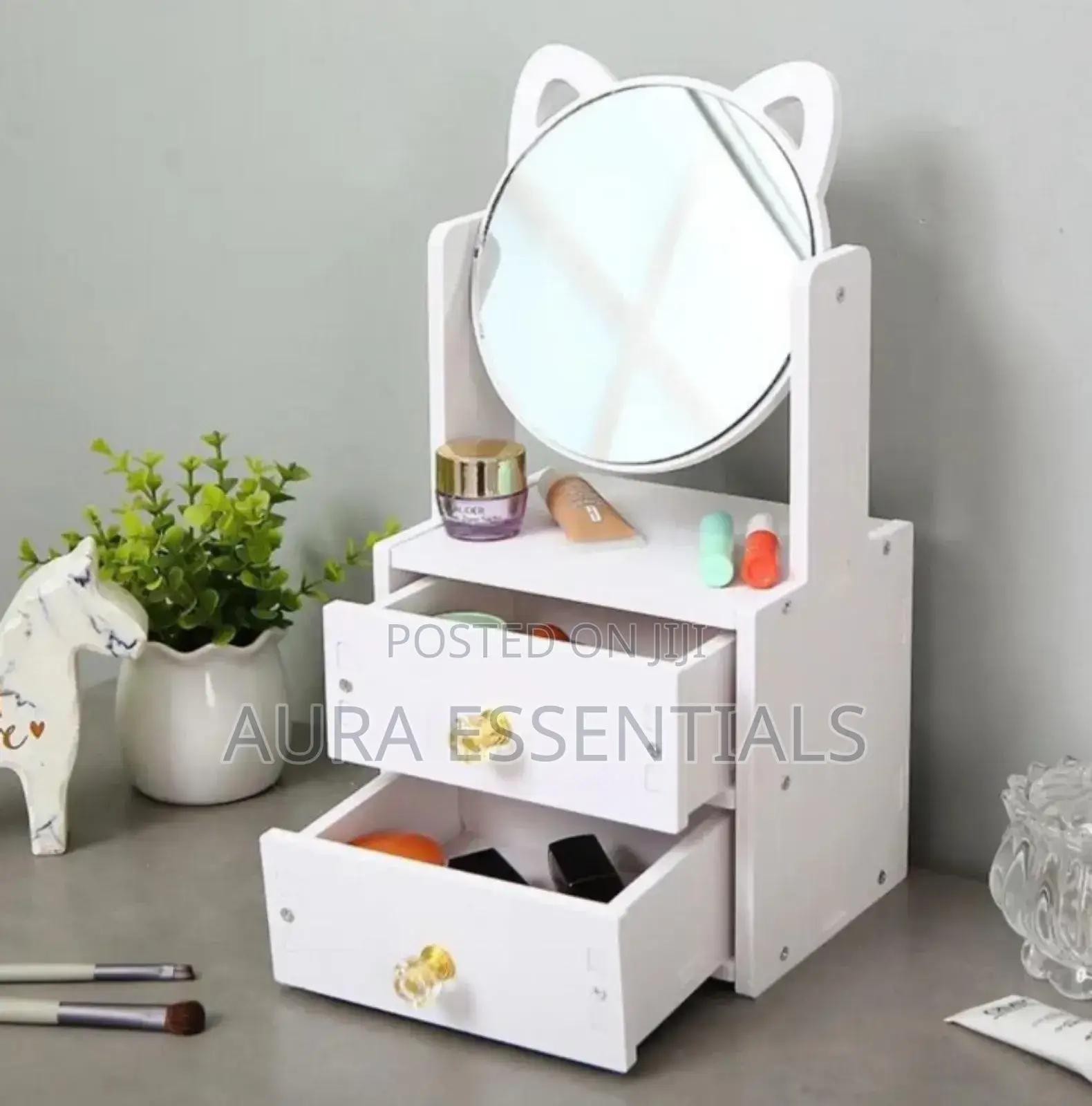 Cosmetic Organizer With a Rotating Mirror and Two Drawers