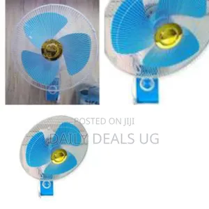 16-Inch Wall Mount Fan Featuring Blue Blades and a White Grill