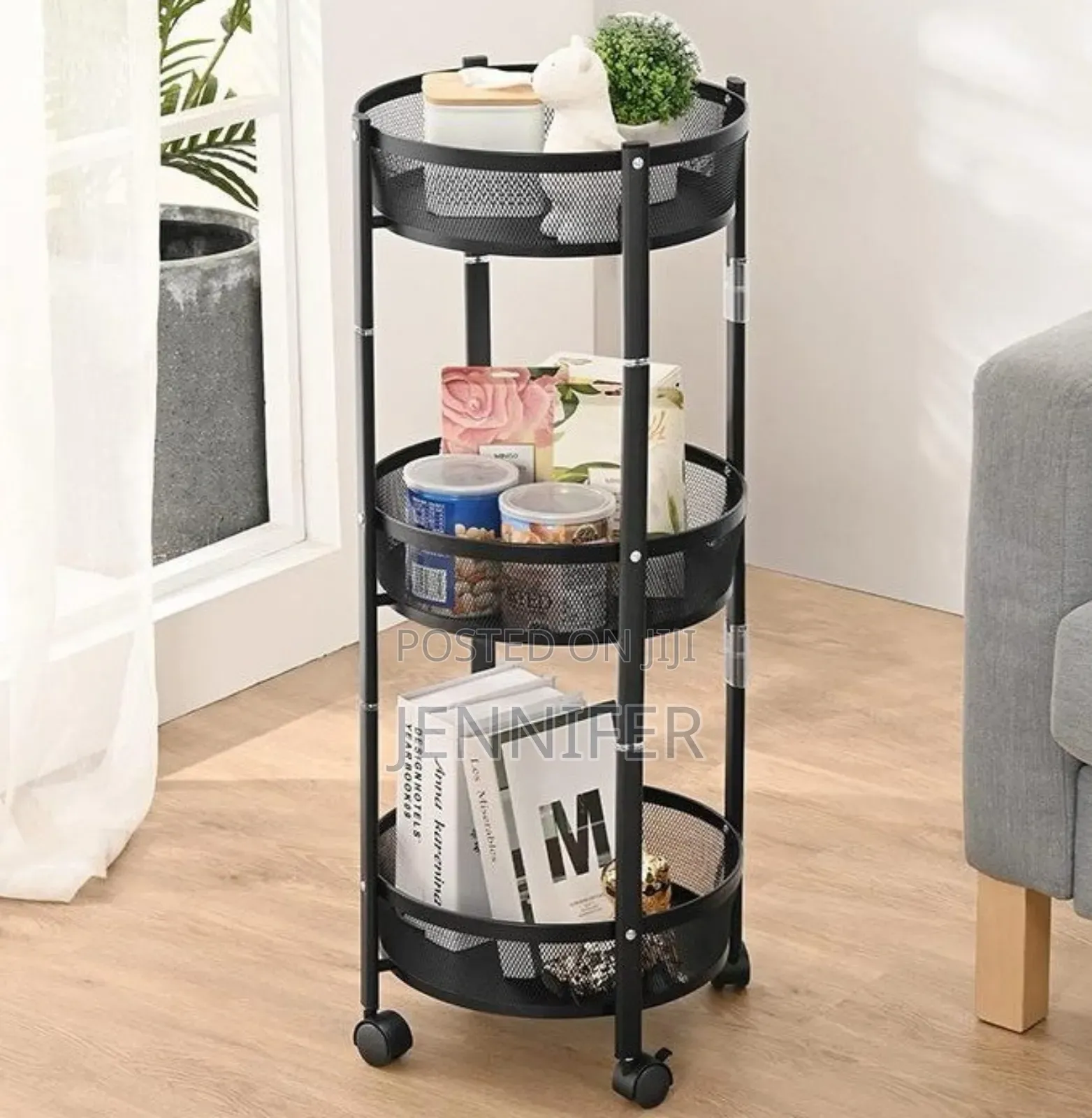 3-Tier Round Foldable Rolling Utility Storage Cart.
