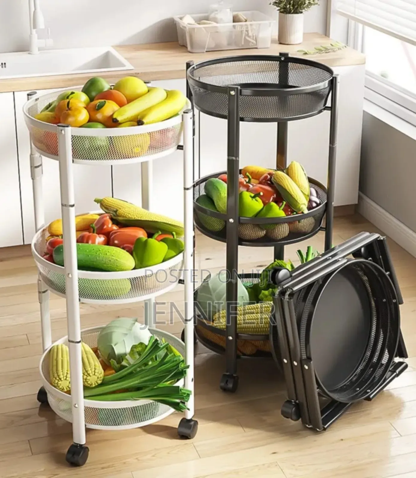 3-Tier Round Foldable Rolling Utility Storage Cart.