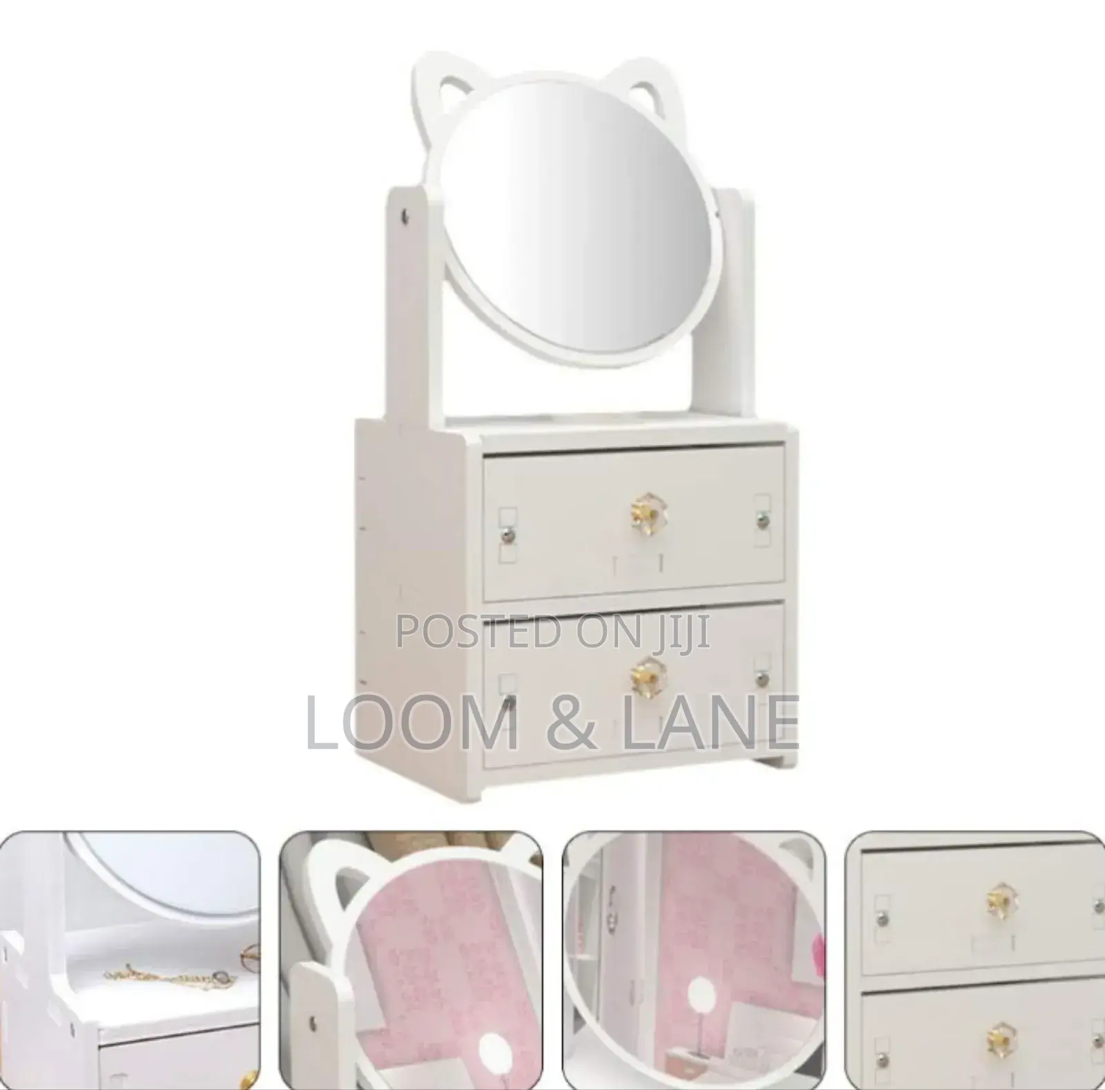 Cosmetic Organizer With a Rotating Mirror and Two Drawers
