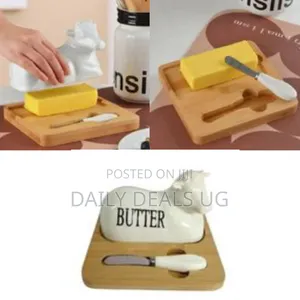 Charming Cow-Themed Ceramic Butter Dish Set With Wooden Base-Multicolo
