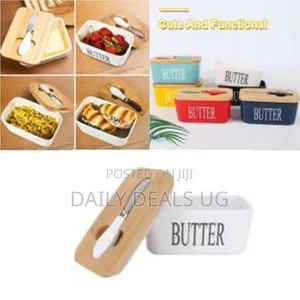 Ceramic Butter Dish With Wooden Lid and Knife - Multicolor
