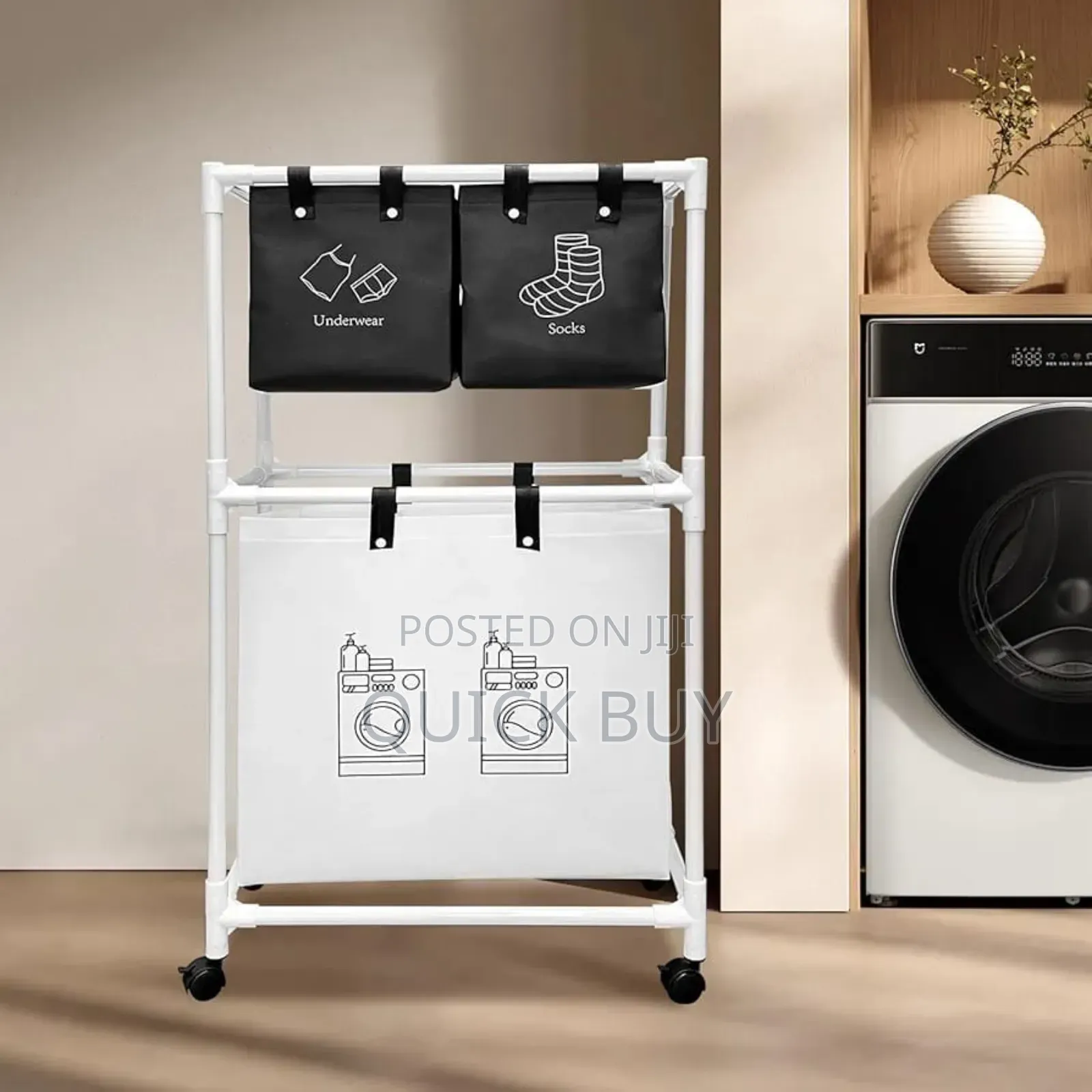 Multi-Functional 3-Tier Rolling Laundry Sorter With Shelves.