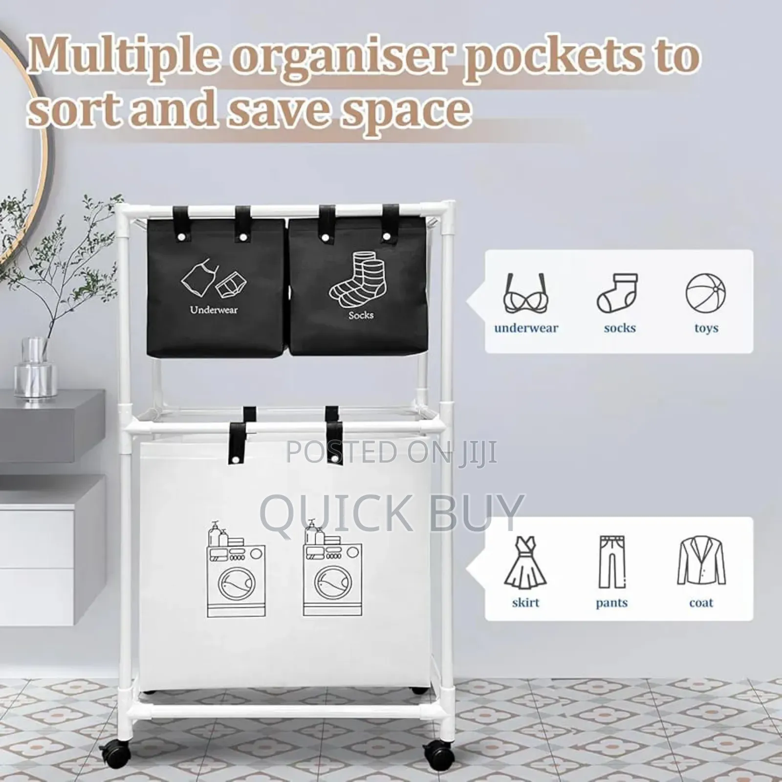 Multi-Functional 3-Tier Rolling Laundry Sorter With Shelves.