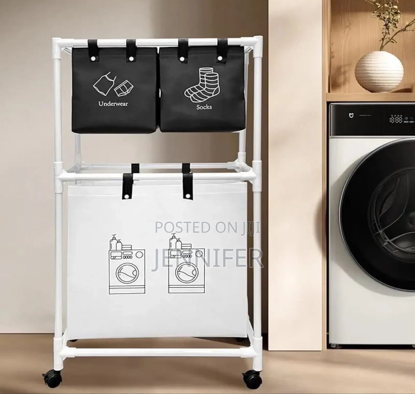 Multi-Functional 3-Tier Rolling Laundry Sorter With Shelves.