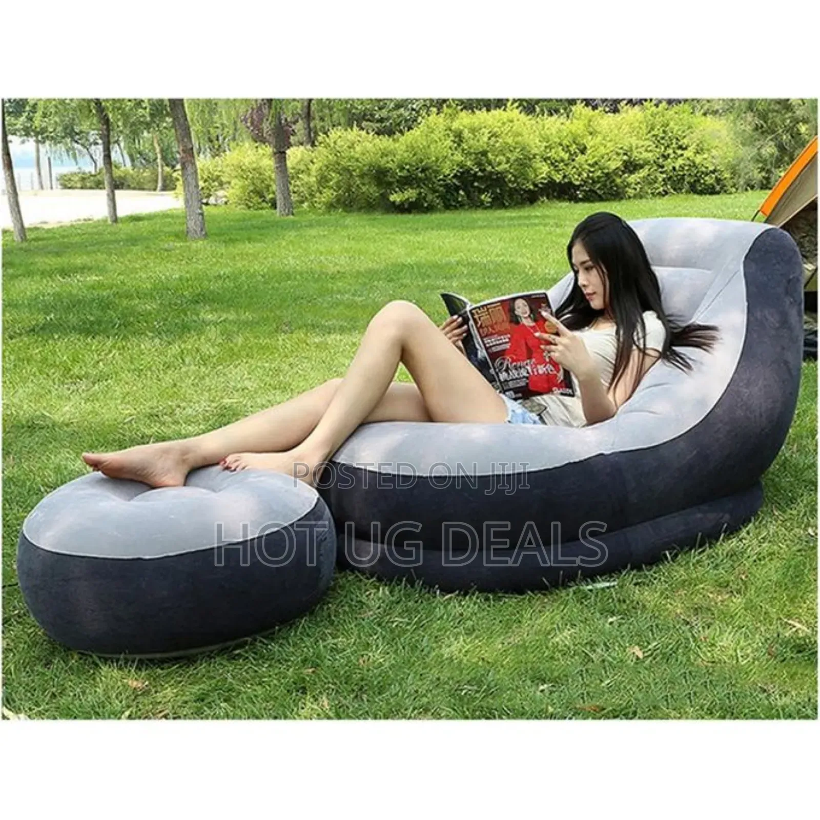 Deluxe Inflatable Chair With Footrest With Pump- Gray, Black