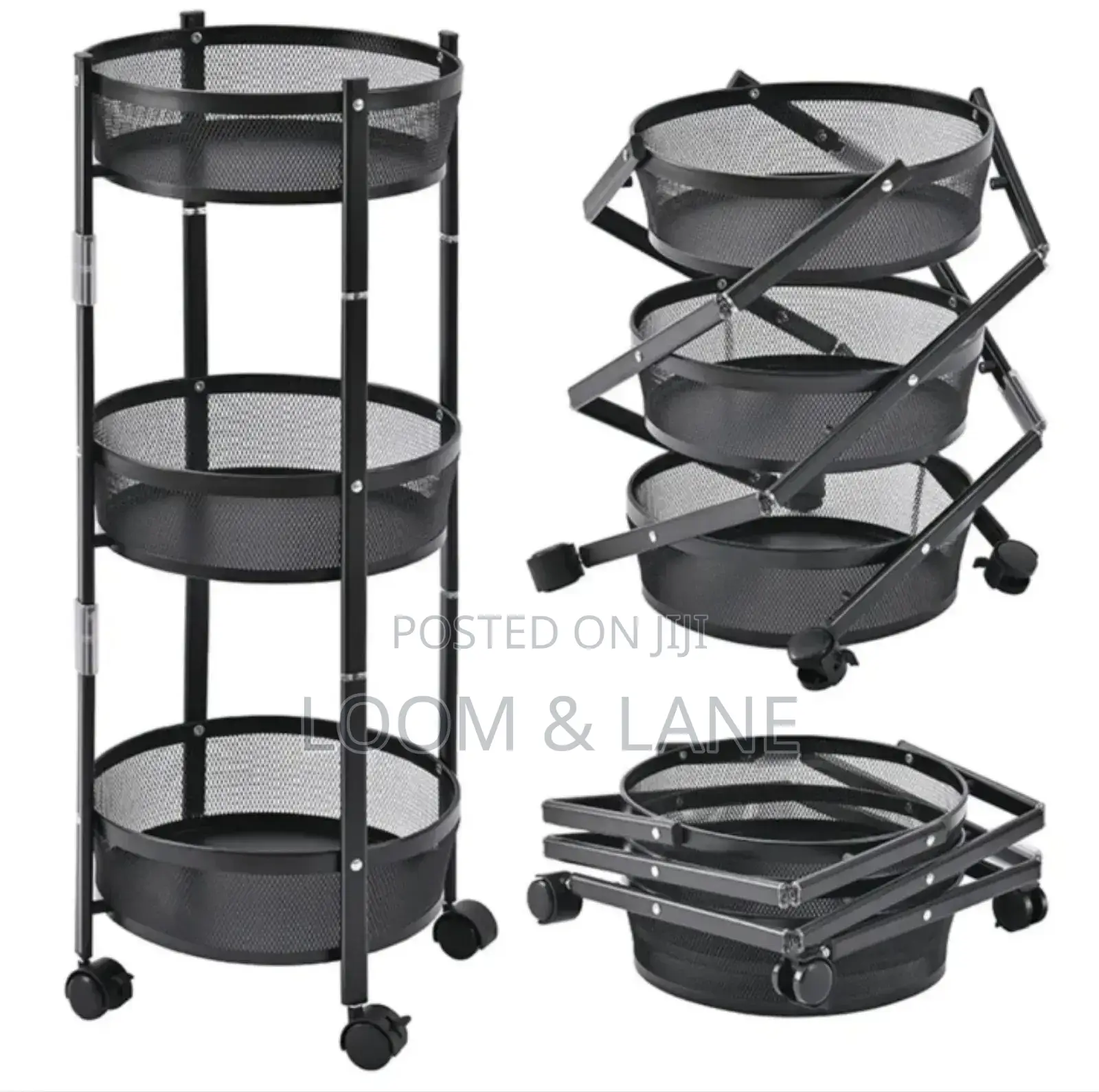 3-Tier Round Foldable Rolling Utility Storage Cart