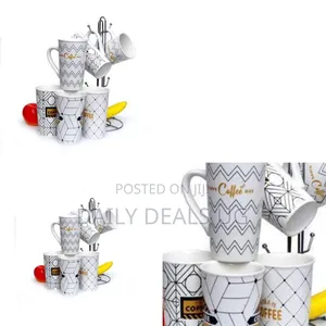 Coffee Tea Cups/Mugs With a Geometric Print and Metal Storage Stand